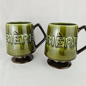 Vintage Ceramic BIÈRE Mug Avocado Green Japan lot Of 2